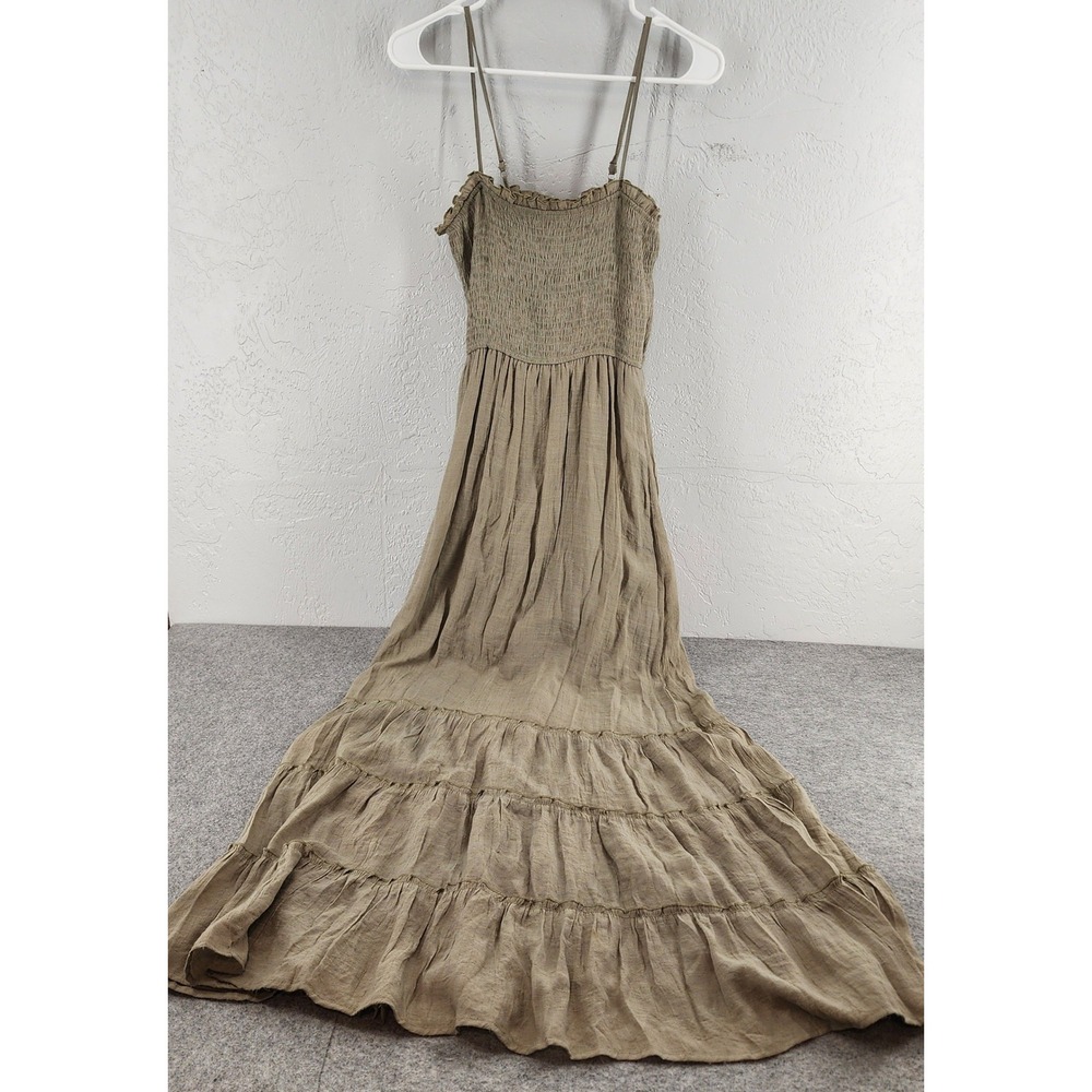 Olive Green Smocked Bodice Tiered Ruffle Maxi Dress Small Boho